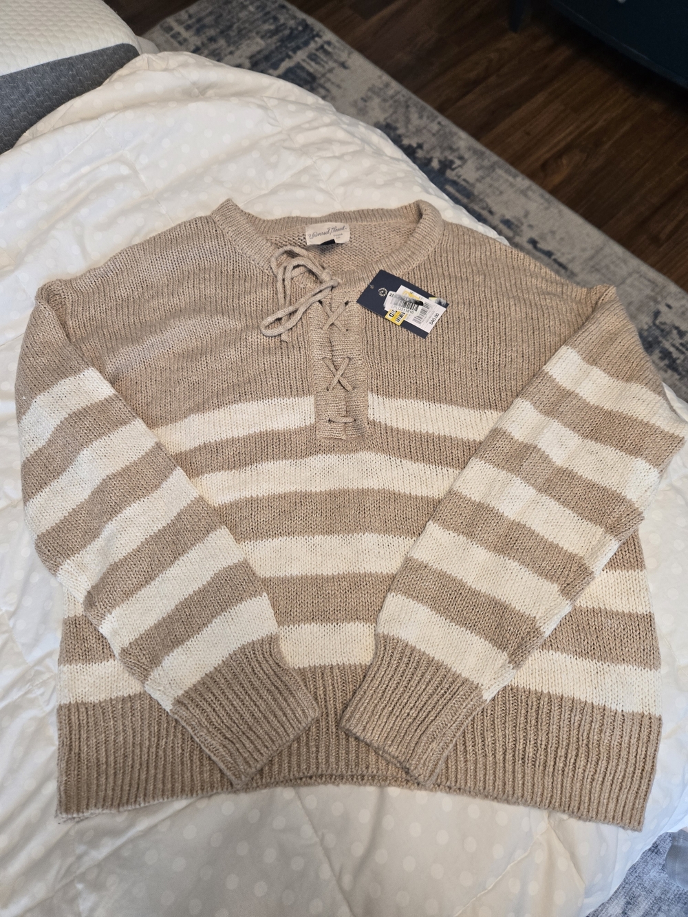 Universal Thread Striped Lace-Up Crewneck Sweater - Beige & Cream